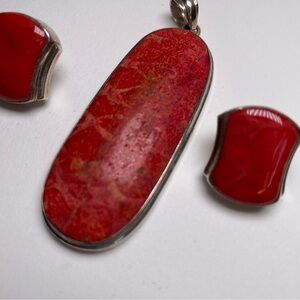 Vintage Coral Sterling Silver Oval Pendant and Earrings set-circa 1930’s